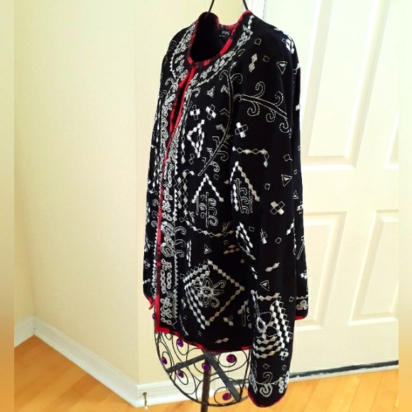 Notations Cotton Jacket Cardigan Silver Embroidery Beads Size S Black Red Artsy - Picture 10 of 17